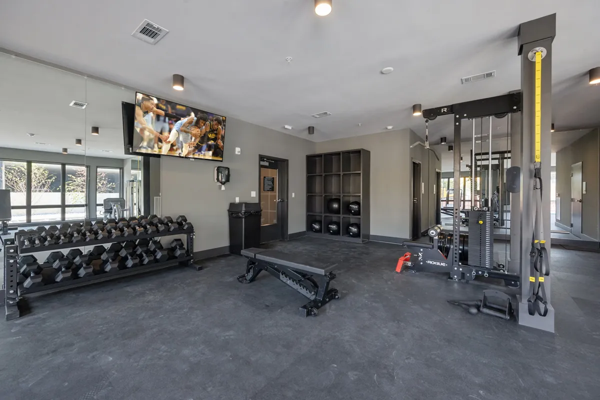 A modern, well-equipped gym featuring a dumbbell rack, weight bench, multifunction gym equipment, and a television screen. The space is bright and organized, conveying an energetic and motivating environment for group fitness or personal workouts.