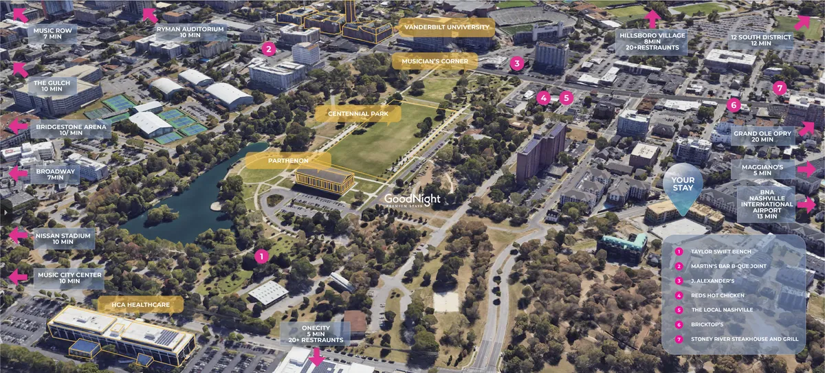 A dynamic aerial view showcasing Vanderbilt University, Centennial Park, and adjacent neighborhoods like Music Row and Hillsboro Village. The image captures the vibrancy of the area, with visible green spaces, lively streets, and recognizable city landmarks.